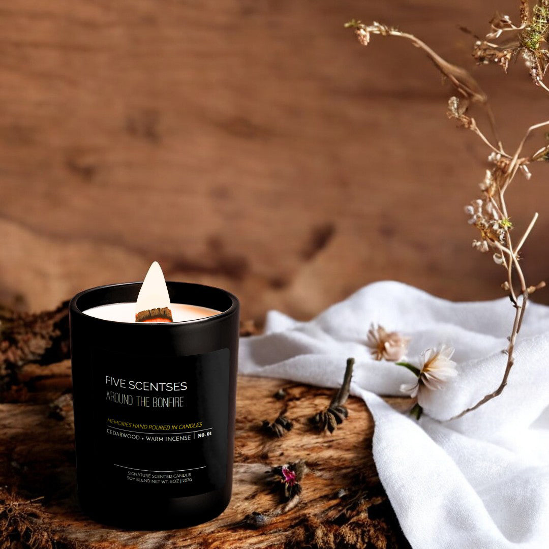 Around The Bonfire Cedarwood Incense Soy Blend Wooden Wick Candle